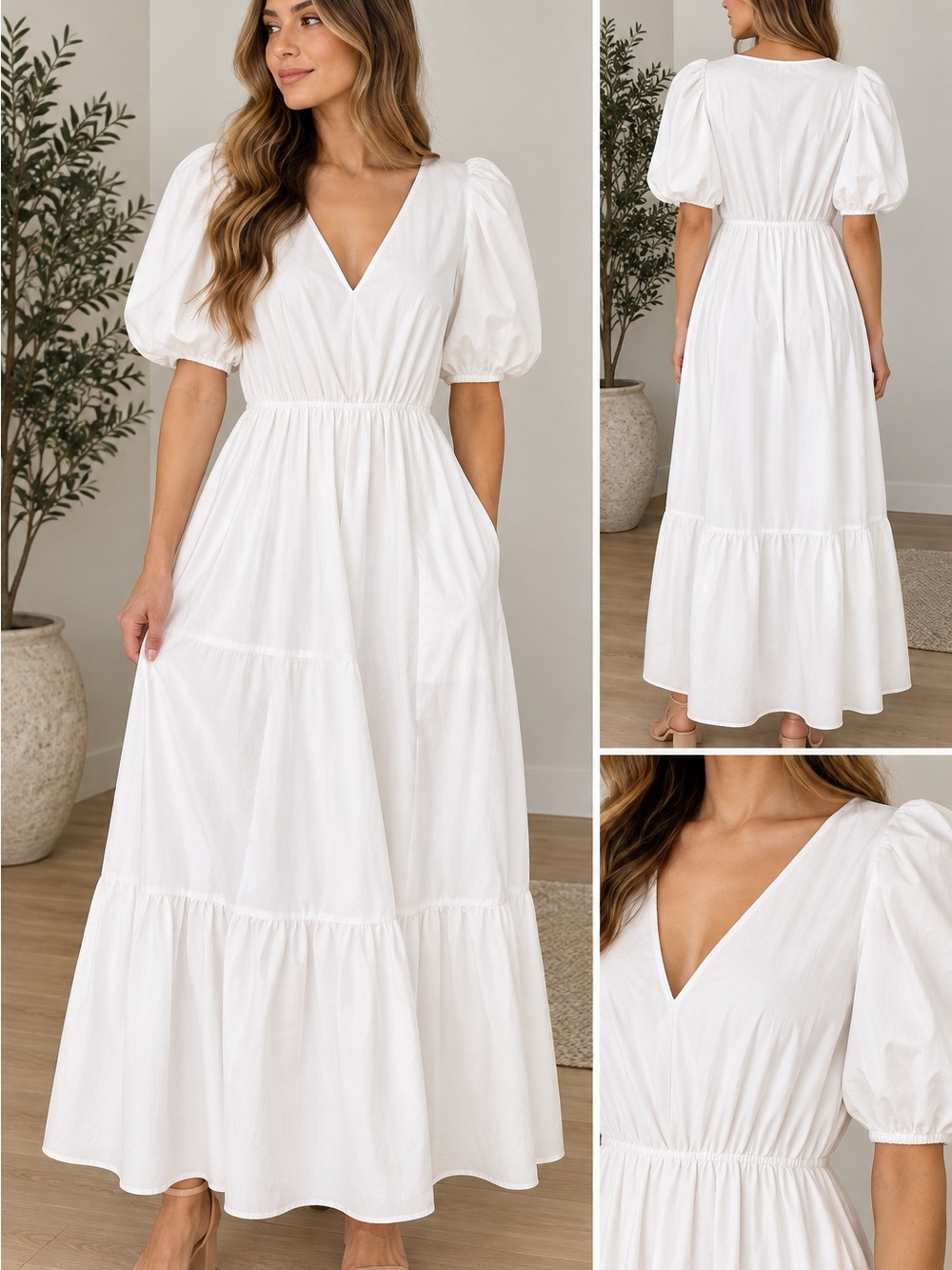 Express White V-Neck Puff Sleeve Maxi Dress